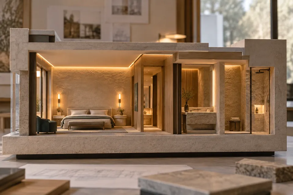 Otel odası kesit maketinde aydınlatma tasarımı