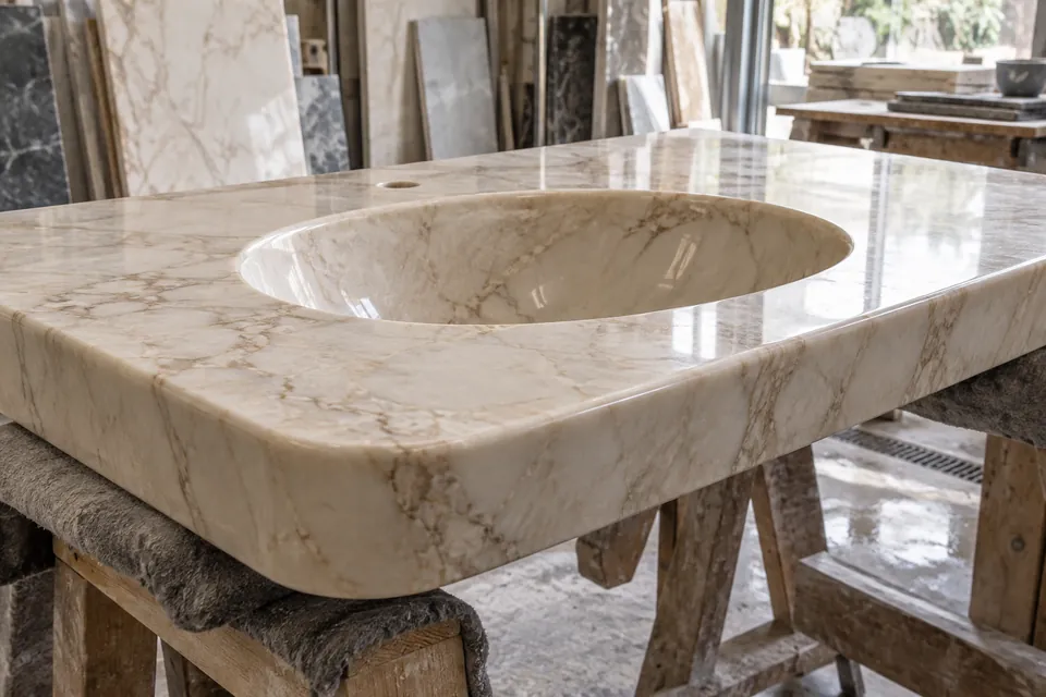 Mermer lavabo tezgâhında işlenmiş açıklık ve kenar profili